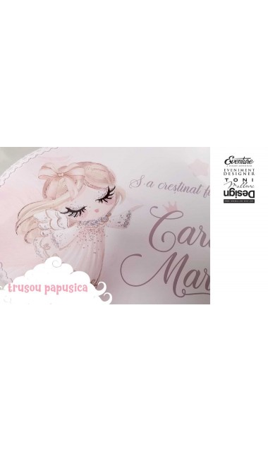 Trusou de botez cu papusica roz, gene lungi si broderie customizata, Doll 23